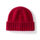 Margo & Main red ribbed cashmere fisherman beanie — angled view of the fold-over cuff and knit crown