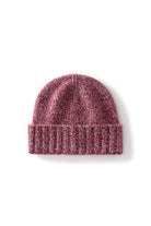 Margo & Main red fleck ribbed cashmere fisherman beanie — front view of the marled knit and ribbed cuff