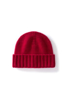 Margo & Main red ribbed cashmere fisherman beanie — front view of the knit crown and wide ribbed cuff