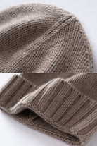 Margo & Main taupe ribbed cashmere fisherman beanie — close-up of the knit crown and folded ribbed cuff