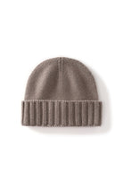 Margo & Main taupe ribbed cashmere fisherman beanie — front view of the knit crown and ribbed cuff