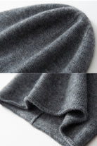 Margo & Main gray cashmere slouchy beanie — close-up of the fine knit crown and double-layer edge