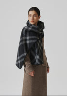 Margo & Main black check scarf — front view wrapped high with the checked ends falling long