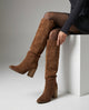 Margo & Main brown faux suede knee boots — side view of the suede shaft and almond toe, US women's sizes