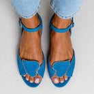 Margo & Main blue heart cutout sandals — overhead view of the heart shaped vamp, US women's sizes
