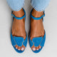 Margo & Main blue heart cutout sandals — overhead view of the heart shaped vamp, US women's sizes