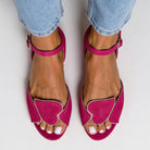 Margo & Main fuchsia heart cutout sandals — overhead view of the piped heart vamp, US women's sizes