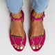 Margo & Main fuchsia heart cutout sandals — overhead view of the piped heart vamp, US women's sizes