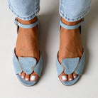 Margo & Main light blue heart cutout sandals — overhead view of the pale suede vamp, US women's sizes