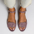 Margo & Main purple heart cutout sandals — overhead view of the vamp and ankle strap, US women's sizes