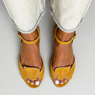 Margo & Main yellow heart cutout sandals — overhead view of the toe strap and sole, US women's sizes