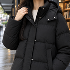 Margo & Main black hooded puffer jacket — close-up of the zip and padded stand collar, US women's sizes