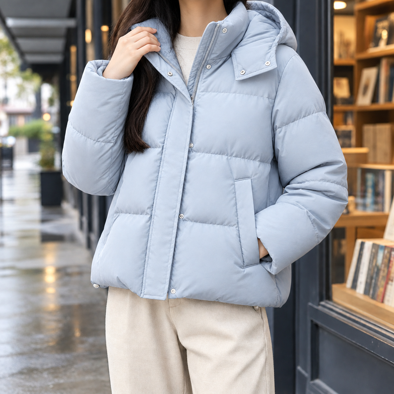 Margo & Main sky blue hooded puffer jacket — front view with the hood and side pockets, US women's sizes