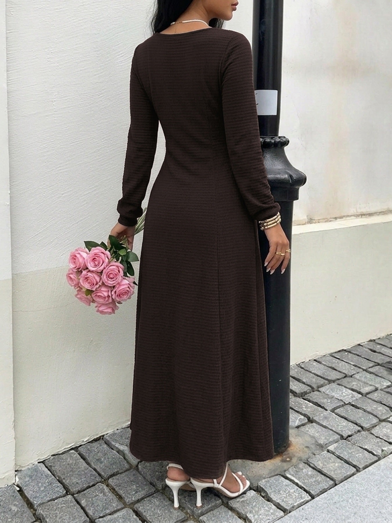 Margo & Main chocolate textured knit maxi dress — back view of the fitted bodice, US women's sizes