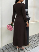 Margo & Main chocolate textured knit maxi dress — back view of the fitted bodice, US women's sizes