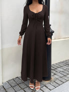 Margo & Main chocolate textured knit maxi dress — front view with lace-up neckline, US women's sizes