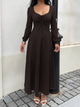 Margo & Main chocolate textured knit maxi dress — front view with lace-up neckline, US women's sizes