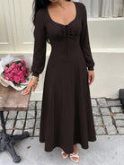 Margo & Main chocolate textured knit maxi dress — full-length front view of the flared hem