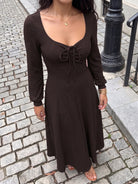 Margo & Main chocolate textured knit maxi dress — close view of the tie front scoop neck, US women's sizes