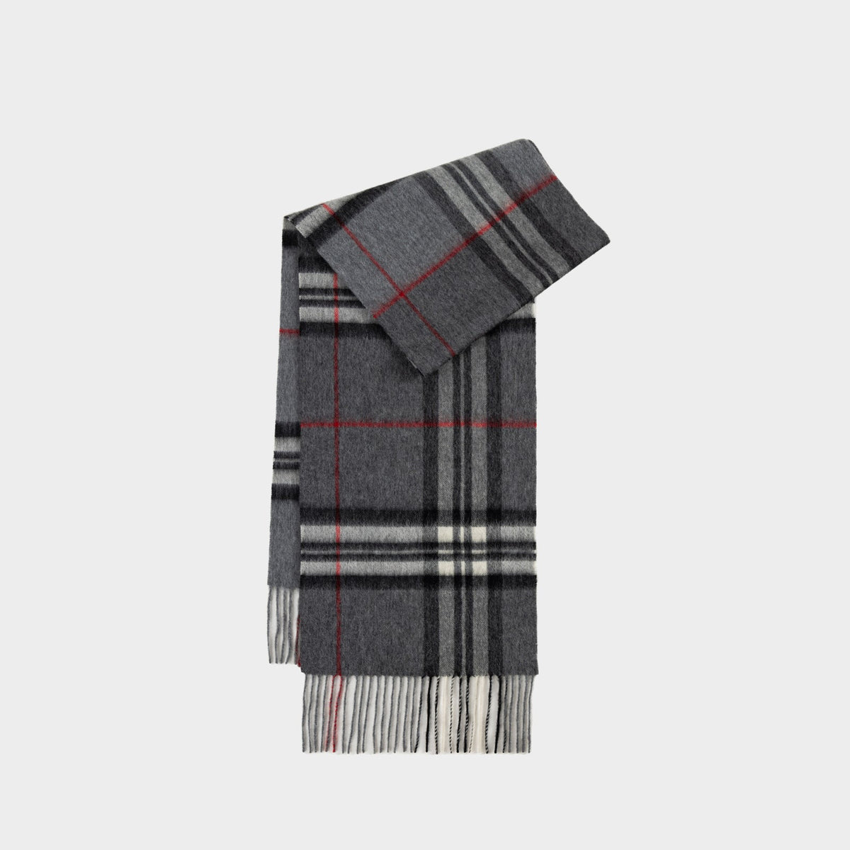 Margo & Main gray plaid lamb wool scarf — folded shot of the gray plaid with red check lines