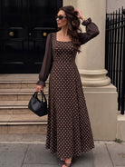 Margo & Main brown polka dot maxi dress — front view with square neck and sheer sleeves, US women's sizes