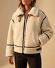 Margo & Main cream sherpa aviator jacket — front view of the zip and spread collar, US women's sizes