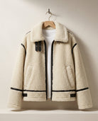 Margo & Main cream sherpa aviator jacket — hanger shot of the collar, zip and trim, US women's sizes