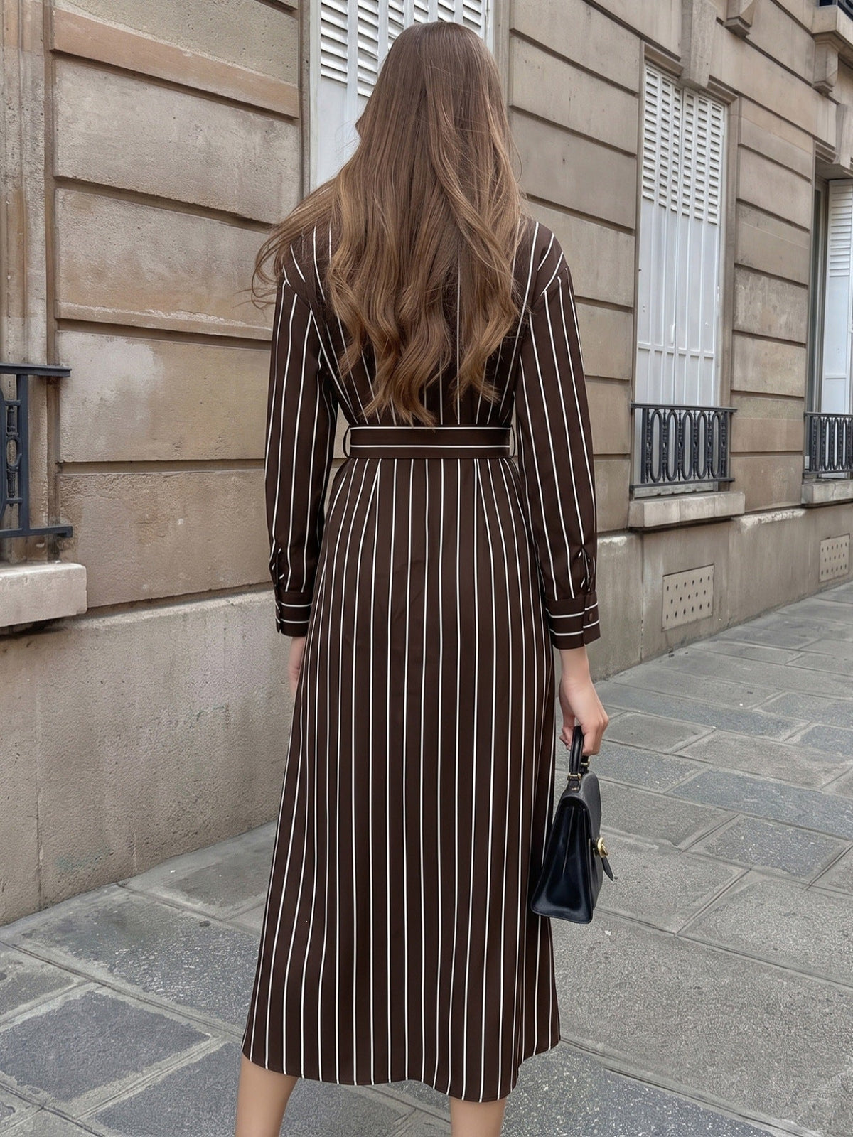 Margo & Main brown striped shirt midi dress — back view of the belted waist and long sleeves