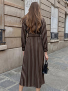 Margo & Main brown striped shirt midi dress — back view of the belted waist and long sleeves