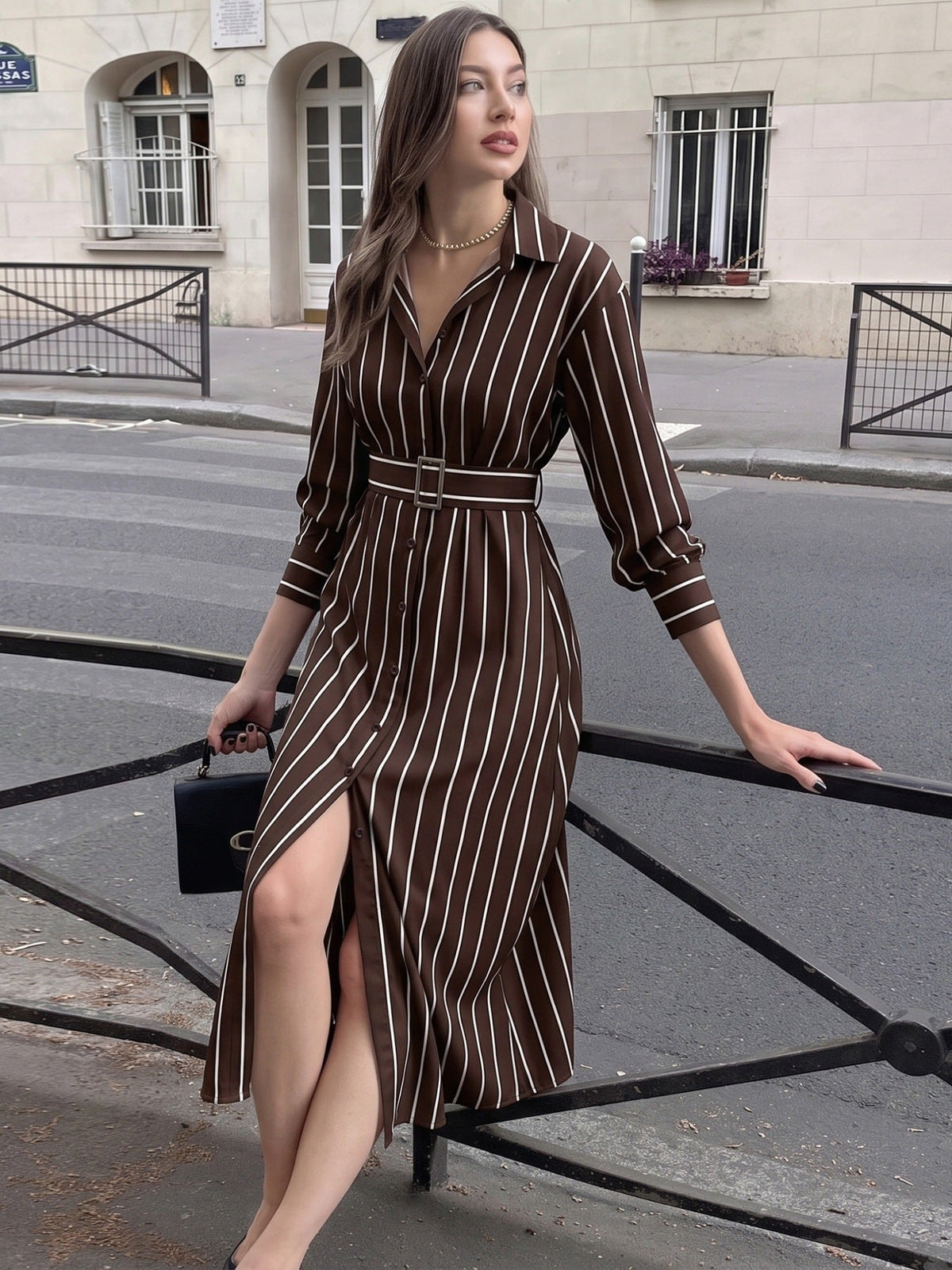 Margo & Main brown striped shirt midi dress — front slit and belted waist street view, US women's sizes