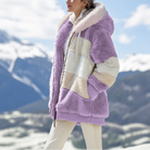 Margo & Main lilac teddy hooded jacket — walking view of the lilac blocks in the snow, US women's sizes