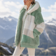 Margo & Main sage teddy hooded jacket — full-length view of the sage green blocks, US women's sizes