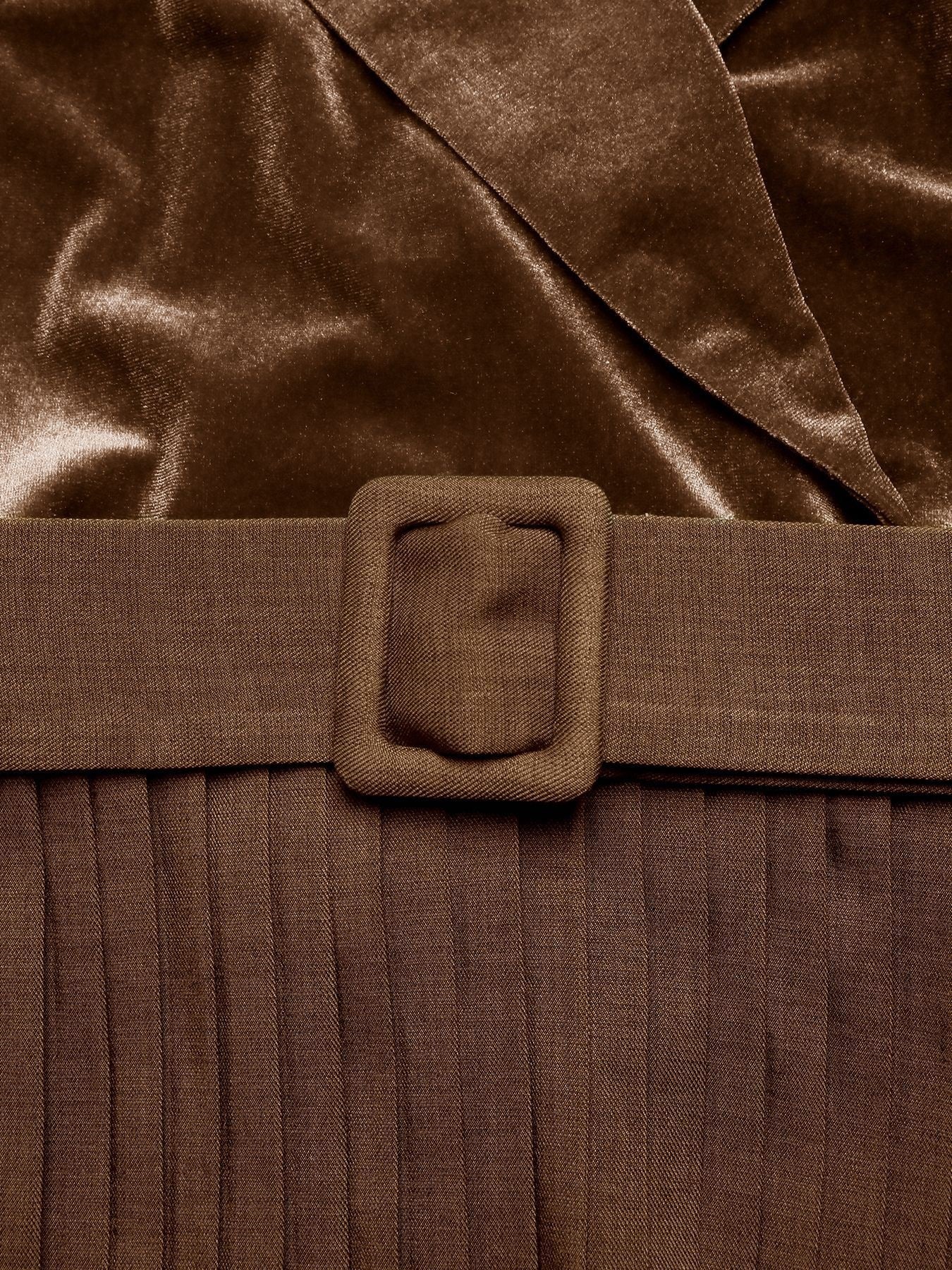 Margo & Main chocolate velvet midi dress — close-up of the lapel and covered buckle belt