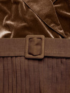 Margo & Main chocolate velvet midi dress — close-up of the lapel and covered buckle belt