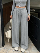 Margo & Main gray drawstring wide-leg lounge pants — front view with seam detail, US women's sizes
