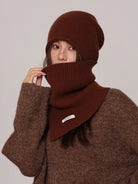 Margo & Main chocolate wool beanie and snood set — close-up of the snood pulled over the chin