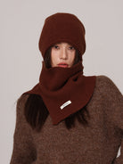 Margo & Main chocolate wool beanie and snood set — front view with the snood point on the chest