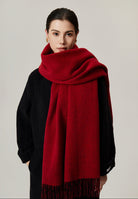 Margo & Main red lamb wool blanket scarf — front view wrapped wide with long fringed ends