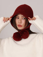 Margo & Main red wool pom pom hood — front view of the knitted hood and pom pom ties