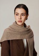 Margo & Main tan lamb wool triangle scarf — close-up of the wrapped neckline and soft knit