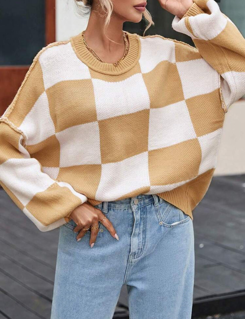 Moncelia Aemilia Checkerboard Oversized Crew Sweater
