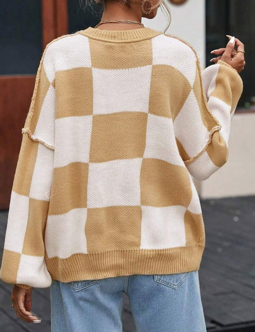Moncelia Aemilia Checkerboard Oversized Crew Sweater