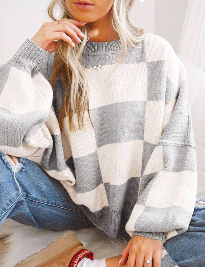 Moncelia Aemilia Checkerboard Oversized Crew Sweater