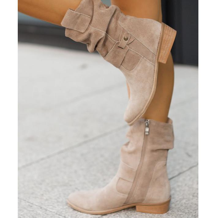 Moncelia Agnese Buckled Slouch Faux Suede Mid-Calf Boots