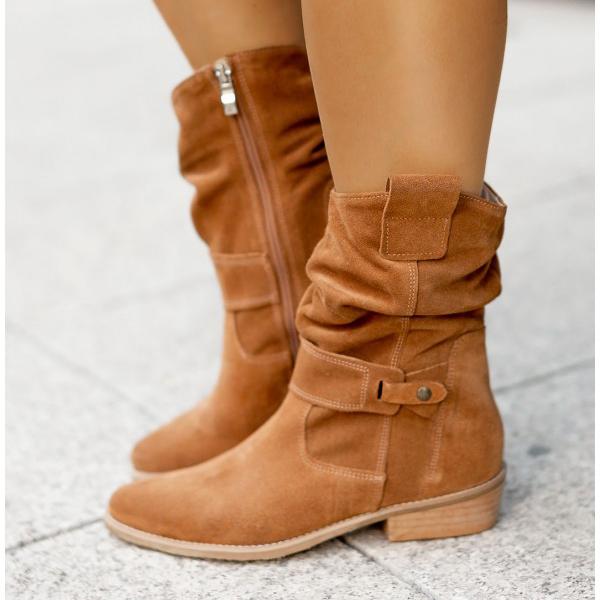 Moncelia Agnese Buckled Slouch Faux Suede Mid-Calf Boots