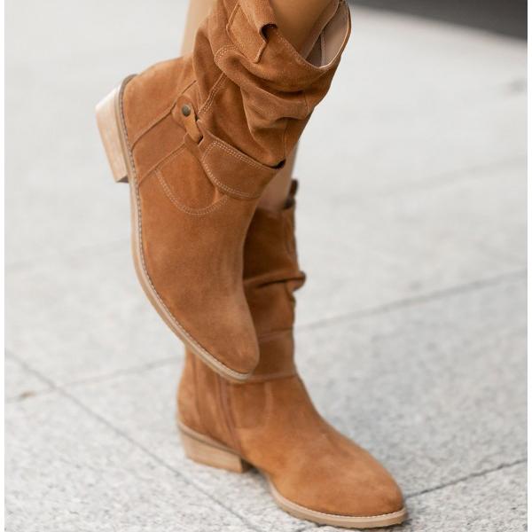 Moncelia Agnese Buckled Slouch Faux Suede Mid-Calf Boots
