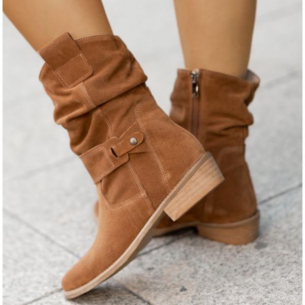 Moncelia Agnese Buckled Slouch Faux Suede Mid-Calf Boots