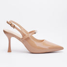 Moncelia beige crystal strap slingback pumps, single shoe in profile showing buckle, women's sizes 4.5 to 9.5