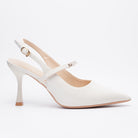Moncelia ivory crystal strap slingback pumps, single shoe showing spool heel, women's sizes 4.5 to 9.5