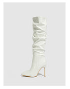 Moncelia ivory ruched patent knee-high boots, single boot in profile showing stiletto, women's sizes 5 to 11.5